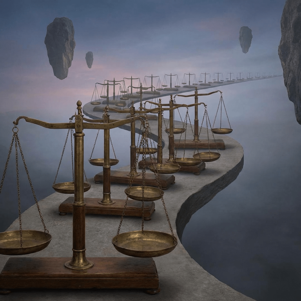 Winding stone path lined with golden balance scales floating in a misty, surreal void.