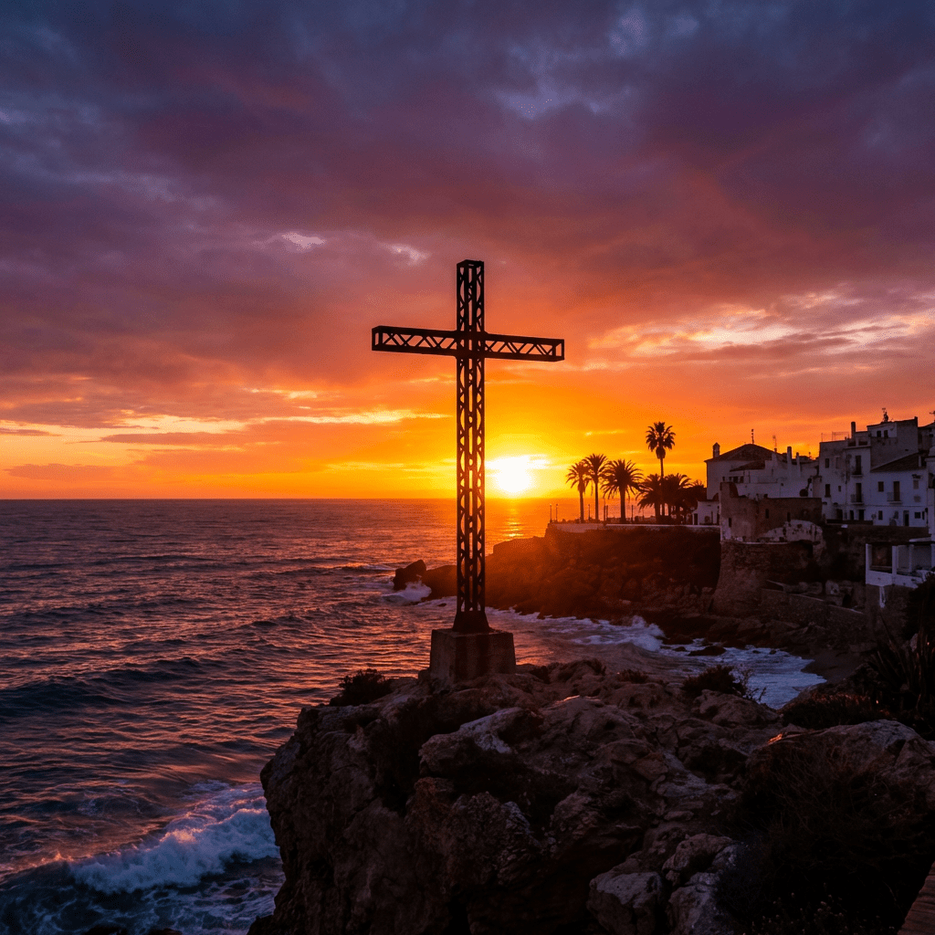 Large metal cross silhouetted against a vibrant sunset overlooking the ocean and rocky cliffs.