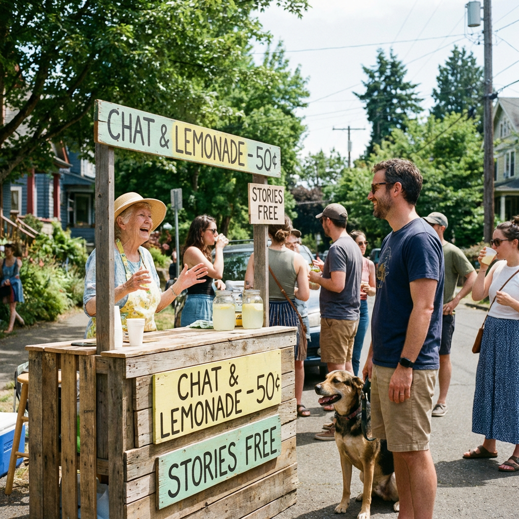 Elderly woman laughing at a stand with signs: 'CHAT & LEMONADE - 50¢' and 'STORIES FREE'.