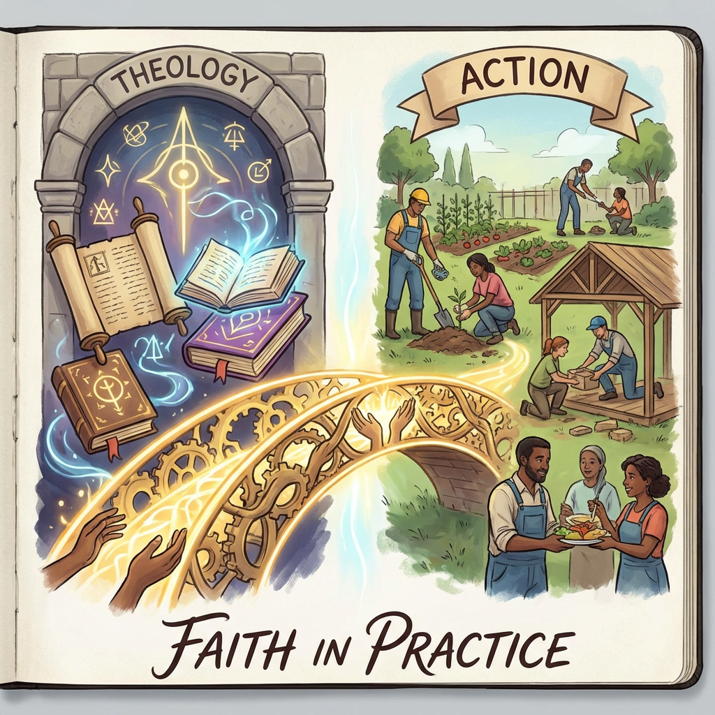 Illustration titled Faith in Practice with a bridge connecting Theology study and community Action.